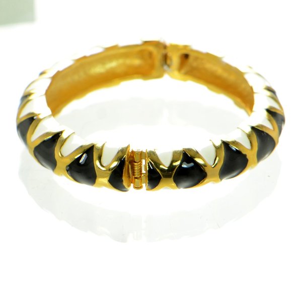 Kenneth Jay Lane KJL Polished Gold Black & White Enamel Bangle Bracelet - Picture 3 of 6